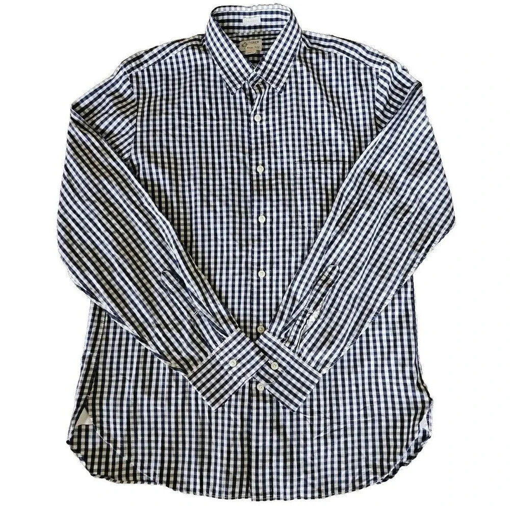 J Crew 2 Ply Button Down Shirt Mens Medium Blue White Plaid Long Sleeve Vintage